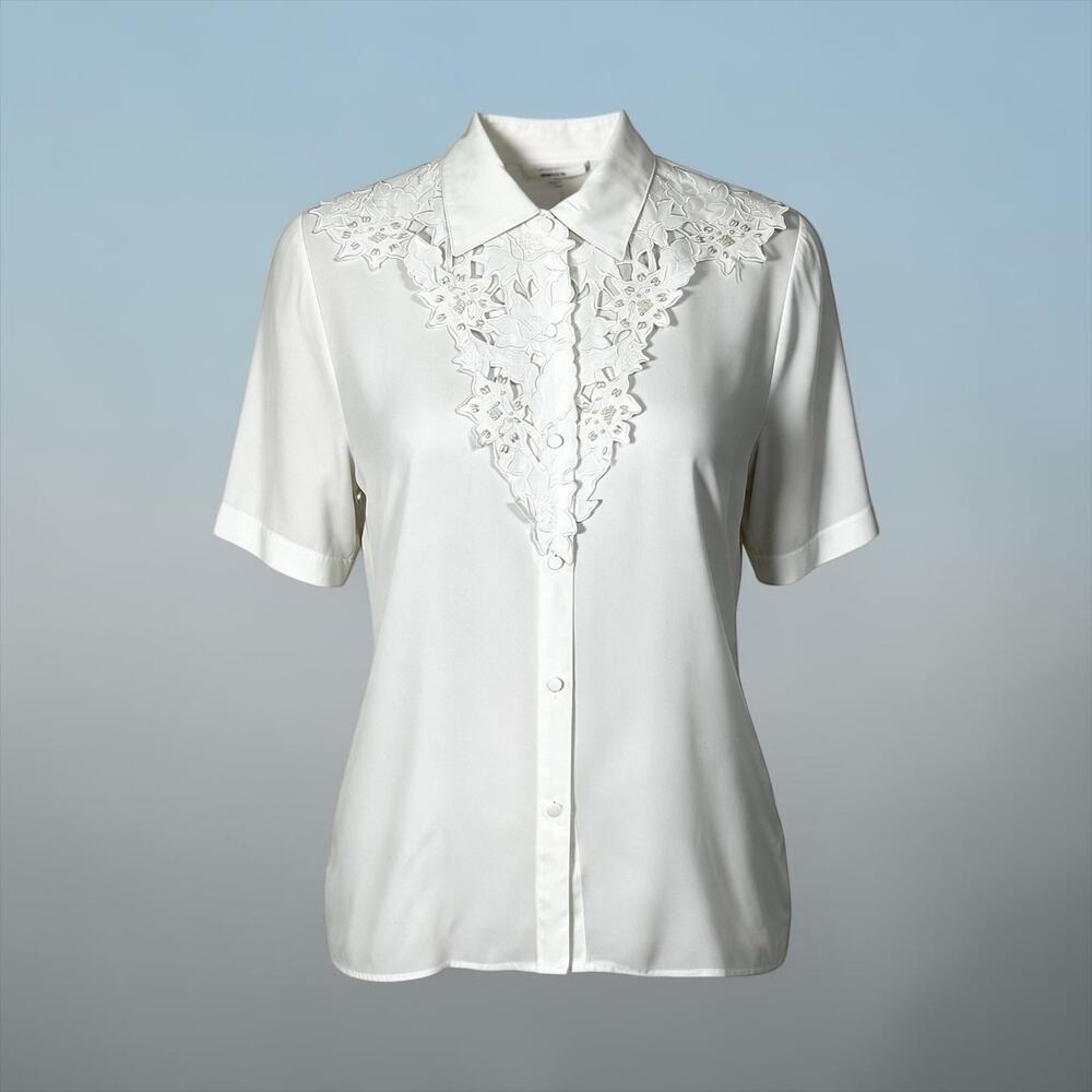 Vintage Cathy Che Blouse Womens 12 White Floral Applique Bib Pearl Made USA